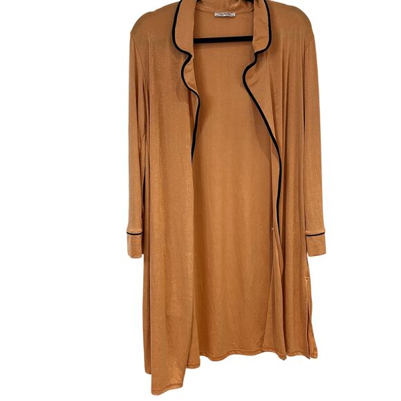 ZARA Light Brown Stretch Apricot Black Piped Open Front Side Slit Jacket Size S - Picture 1 of 9